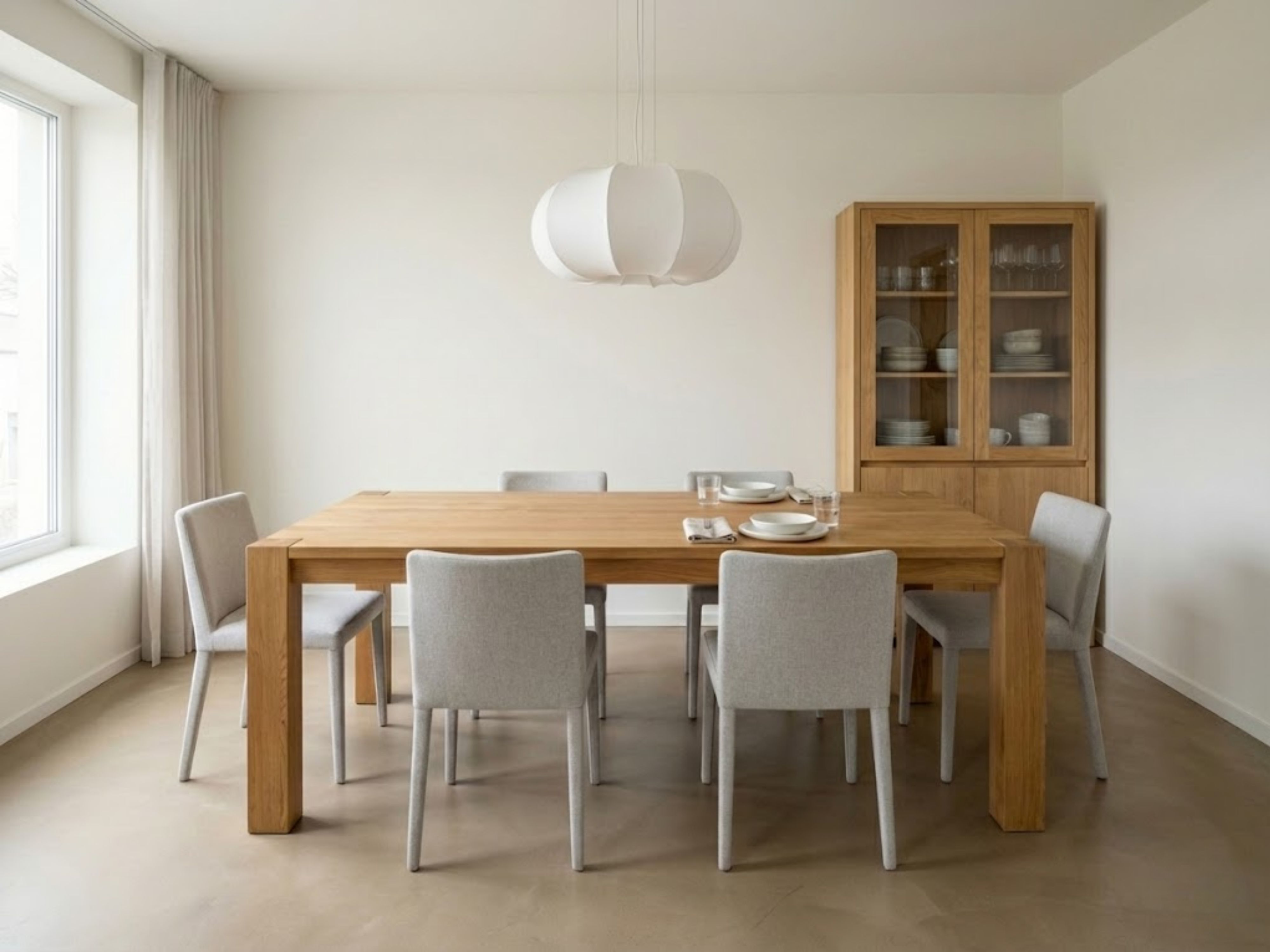 Dining room with wooden table and white chairs - Beautiful Homes