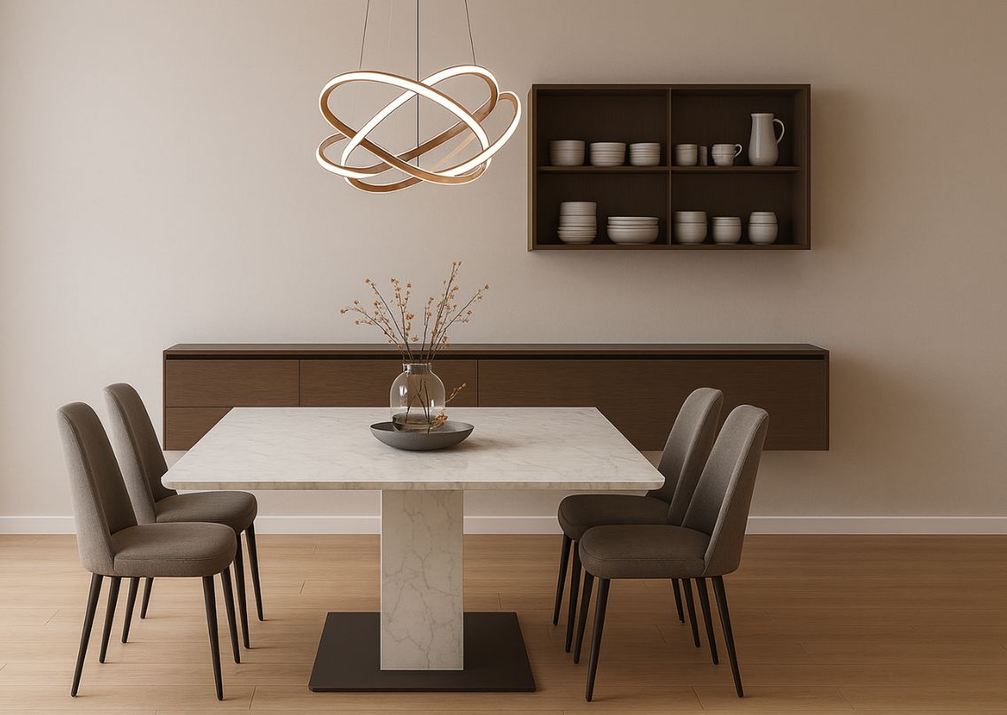 Dining room with marble table and navy chairs - Beautiful Homes