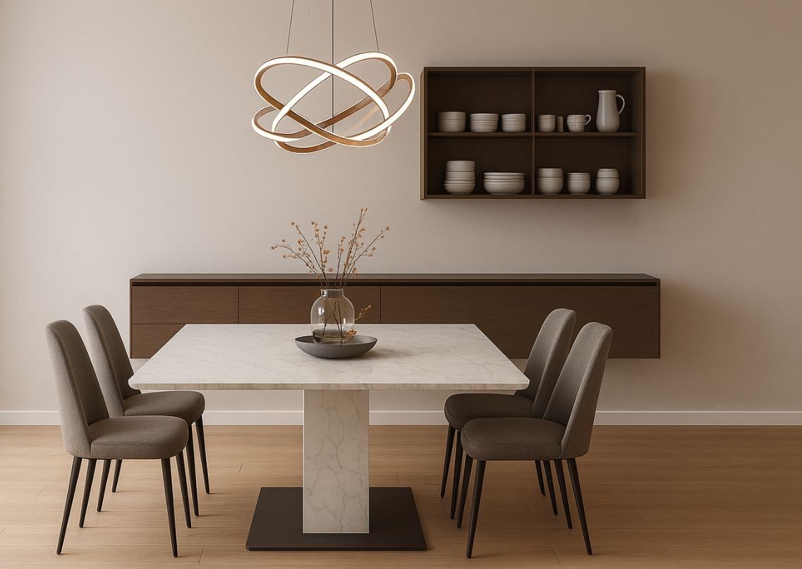 Dining room with marble table and navy chairs - Beautiful Homes