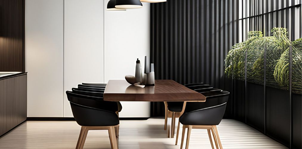 Minimalistic dining room with wooden dining table and black chairs-Beautiful Homes