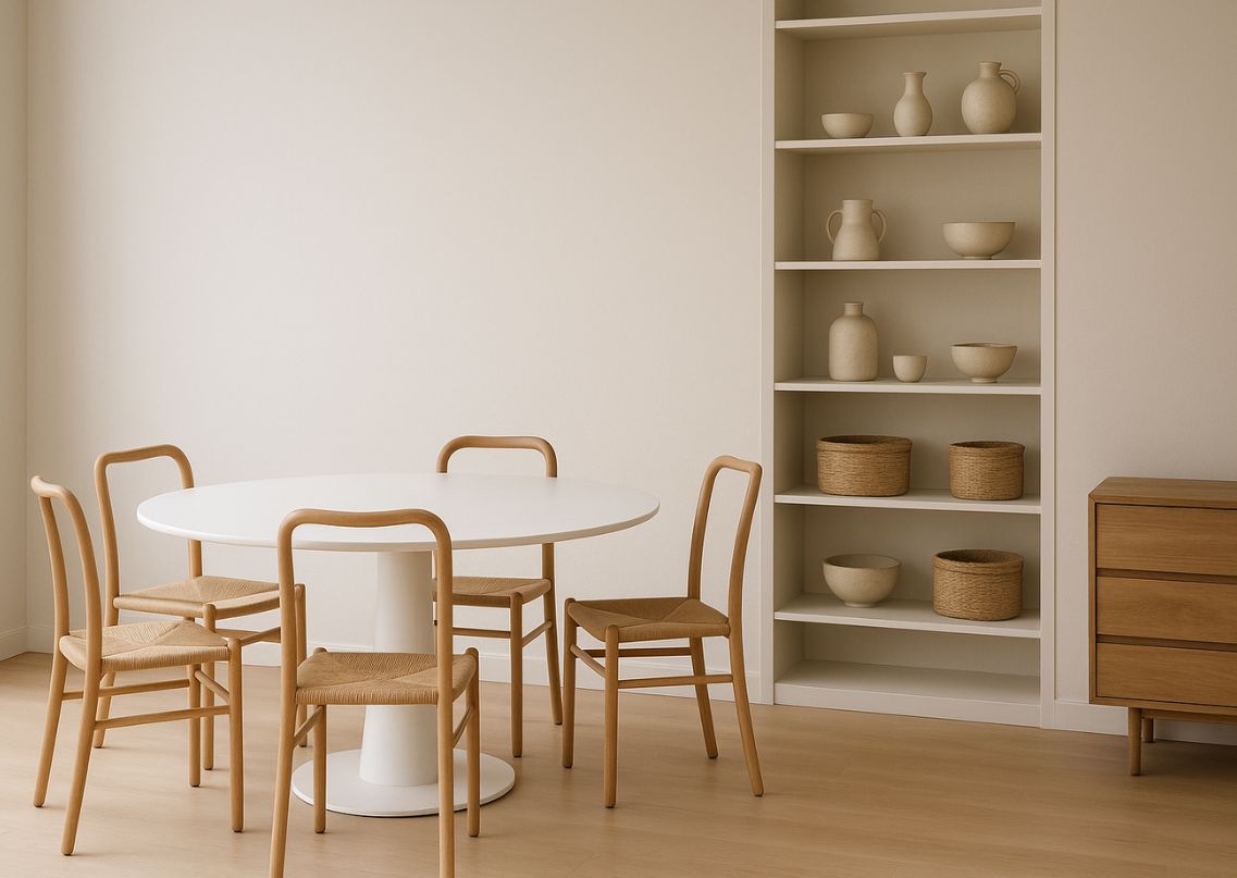 Dining space with white table and wooden chairs - Beautiful Homes