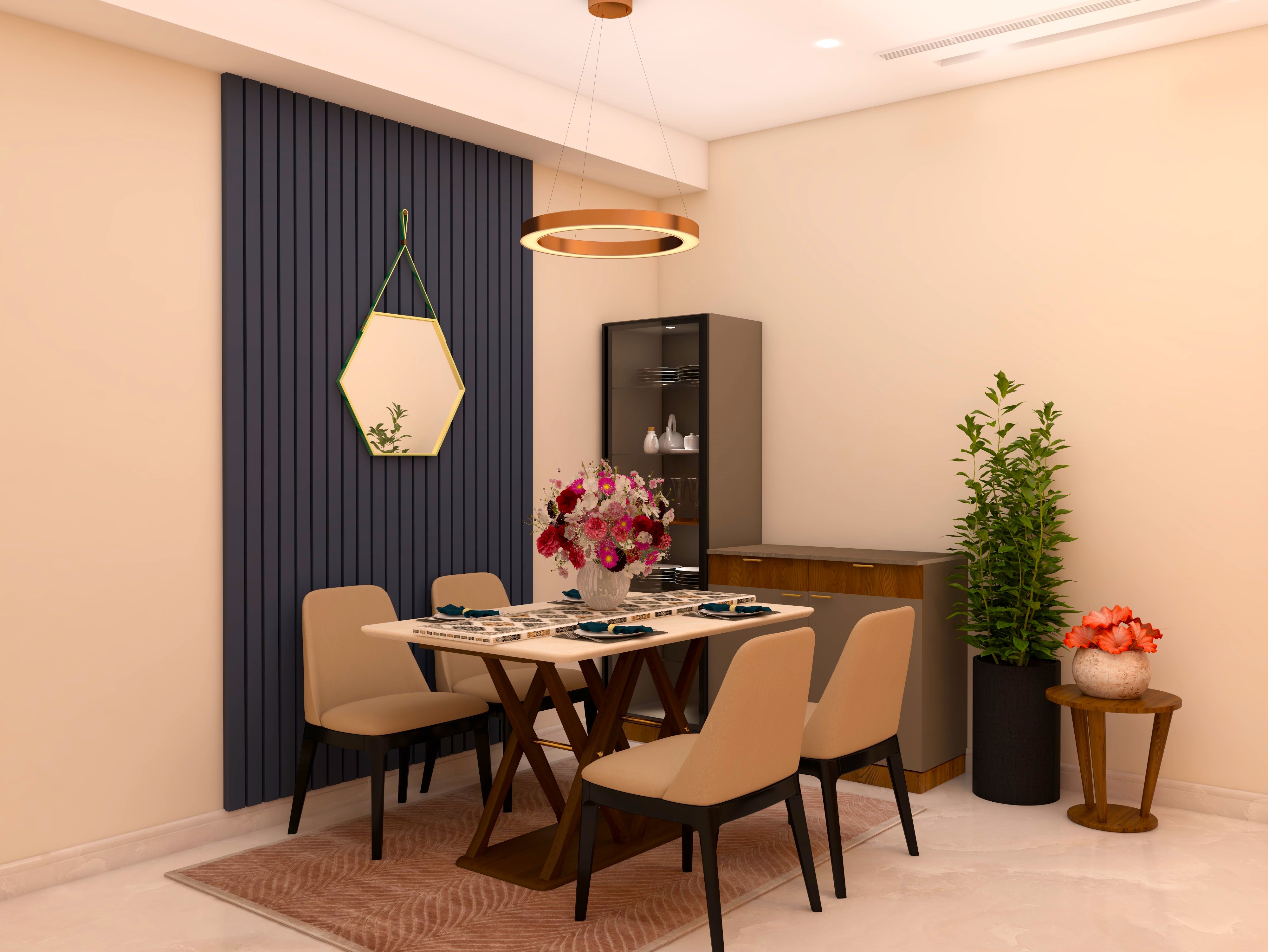 Elegant dining area with table and beige chairs - Beautiful Homes