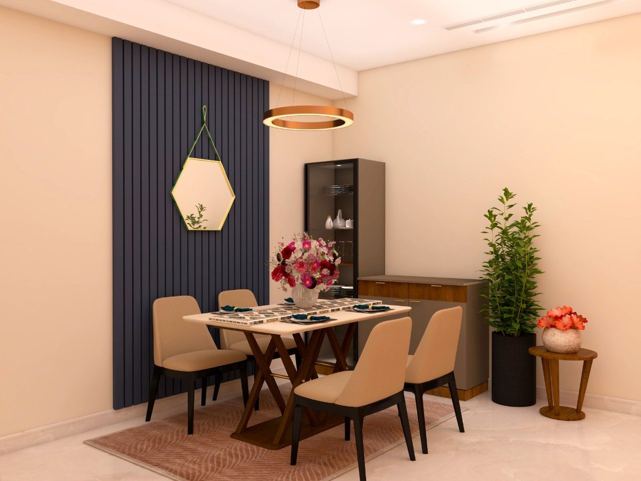 Elegant dining area with table and beige chairs - Beautiful Homes
