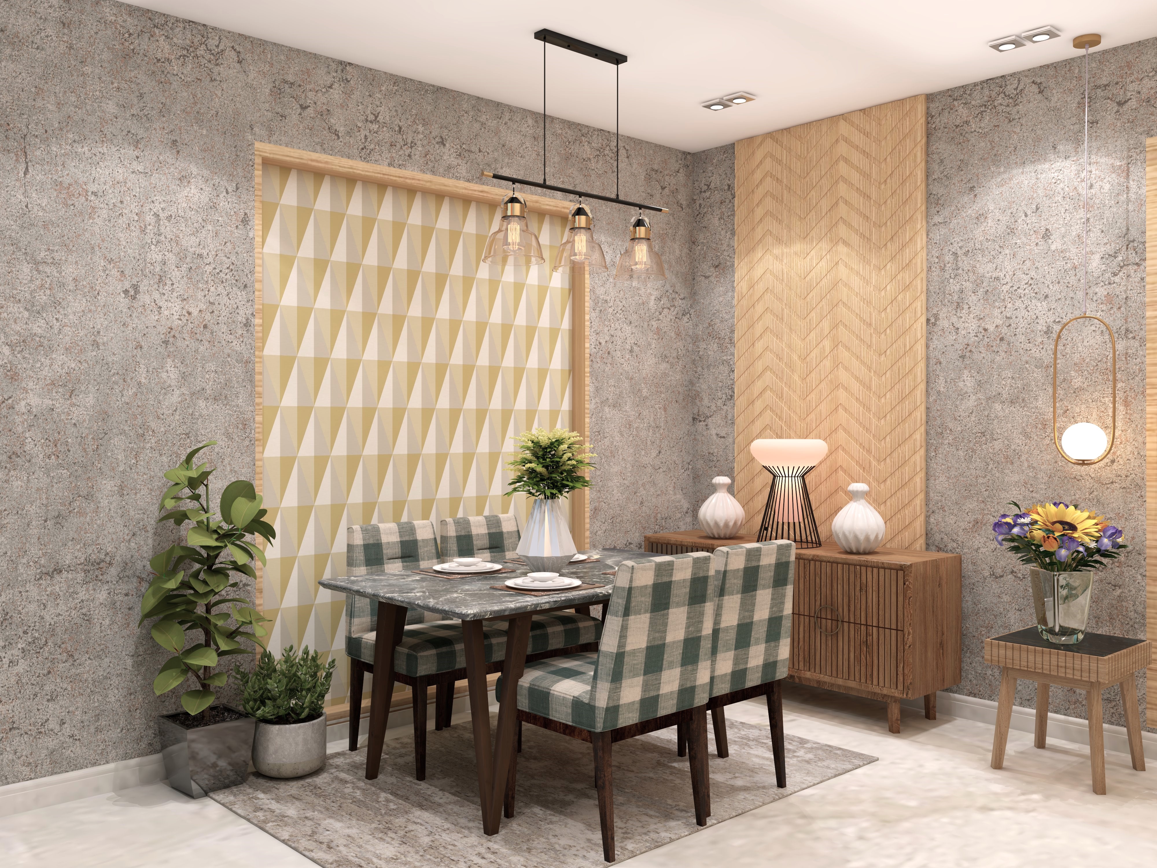 Dining room with wooden table and checkered chairs - Beautiful Homes