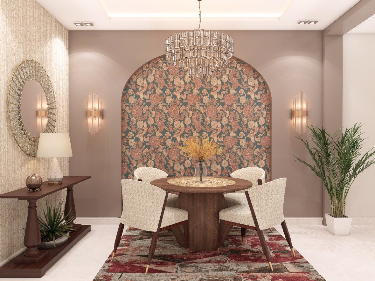 Modern dining room with round table and floral wallpaper - Beautiful Homes