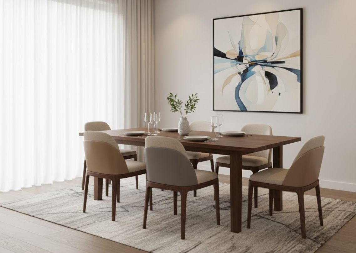Dining room with wooden table and neutral chairs - Beautiful Homes
