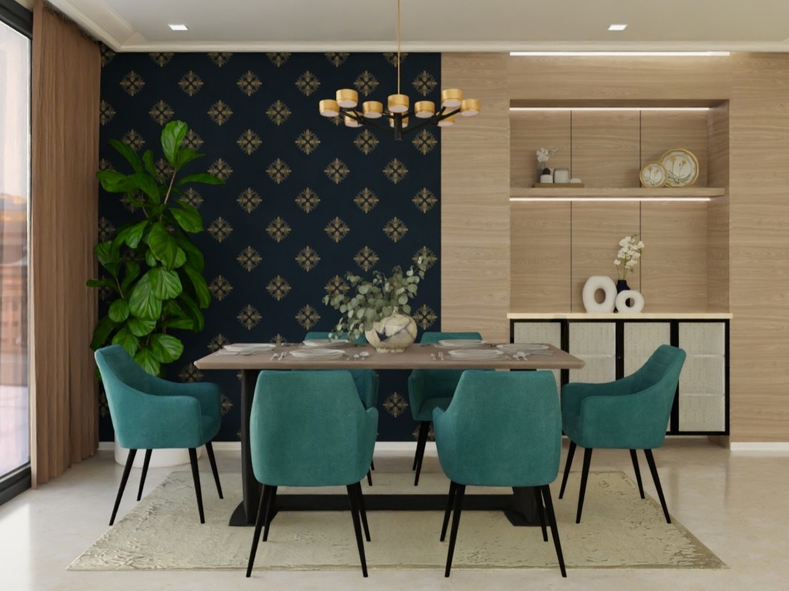 Modern dining room with teal chairs and chandelier - Beautiful Homes