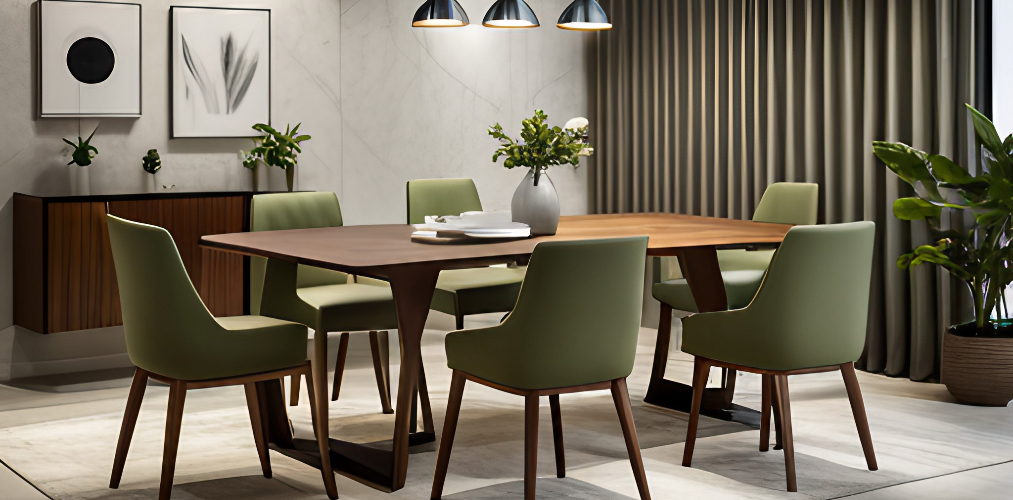 Dining room design with wooden dining table with 6 olive green chairs-Beautiful Homes