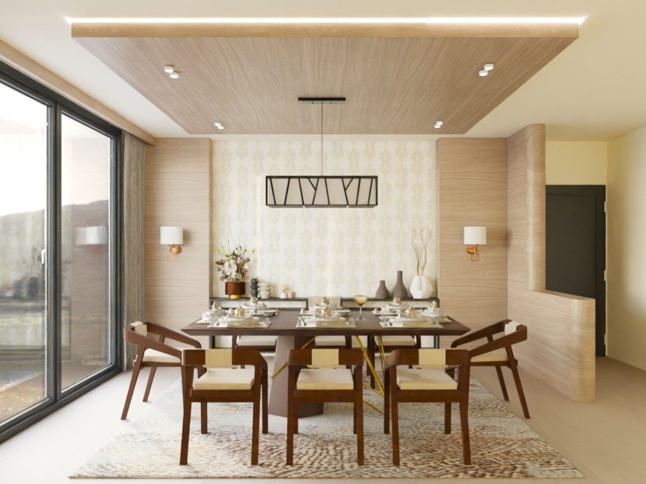 Dining room with wooden table and hanging lights - Beautiful Homes