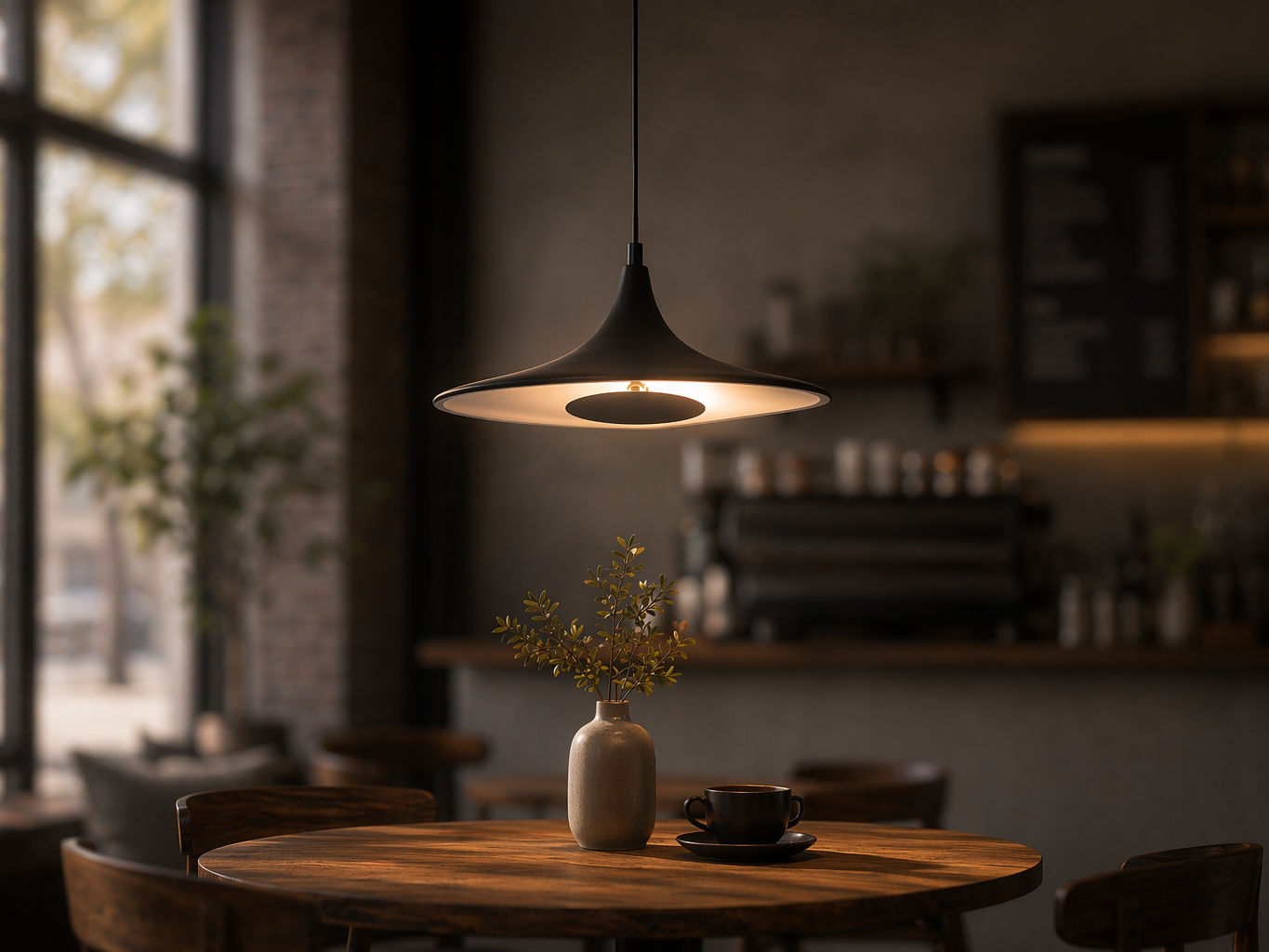 Matte black pendant light with a wide flared metal shade - Beautiful Homes
