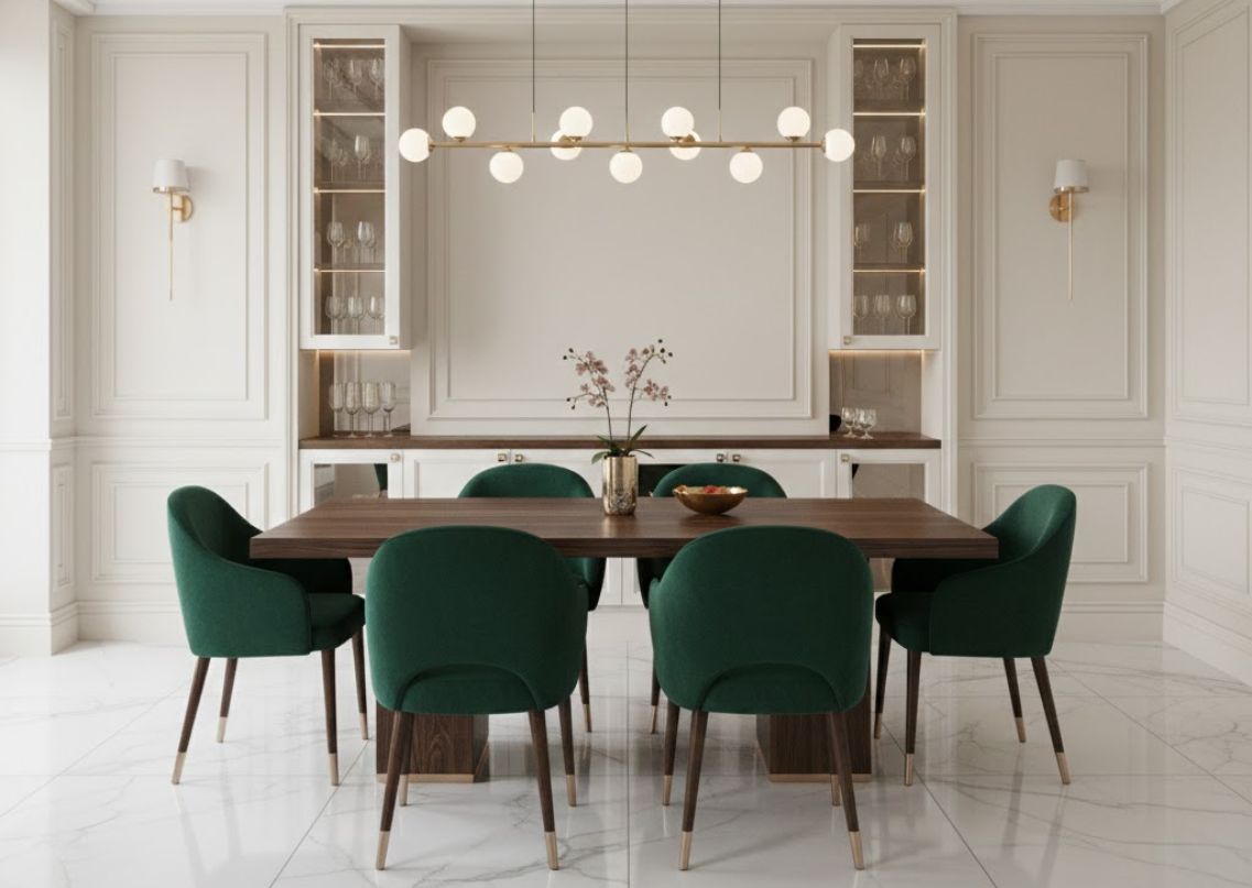 Dining room with green chairs and wooden table - Beautiful Homes