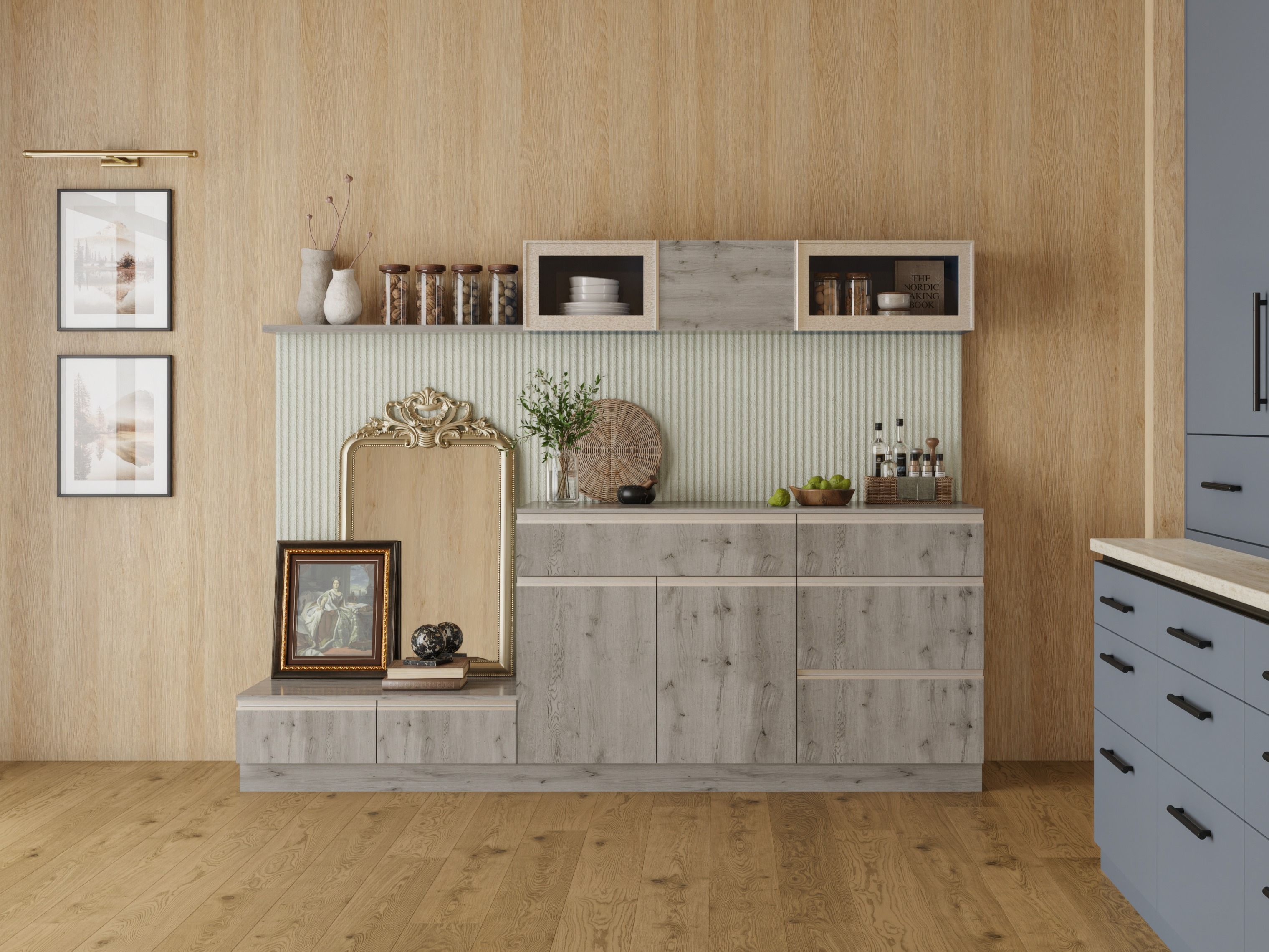 Contemporary crockery unit featuring ribbed green backsplash, wooden paneling, and elegant décor - Beautiful Homes
