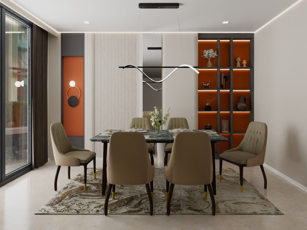 Stylish dining room featuring beige chairs, a marble table, and a chandelier - Beautiful Homes