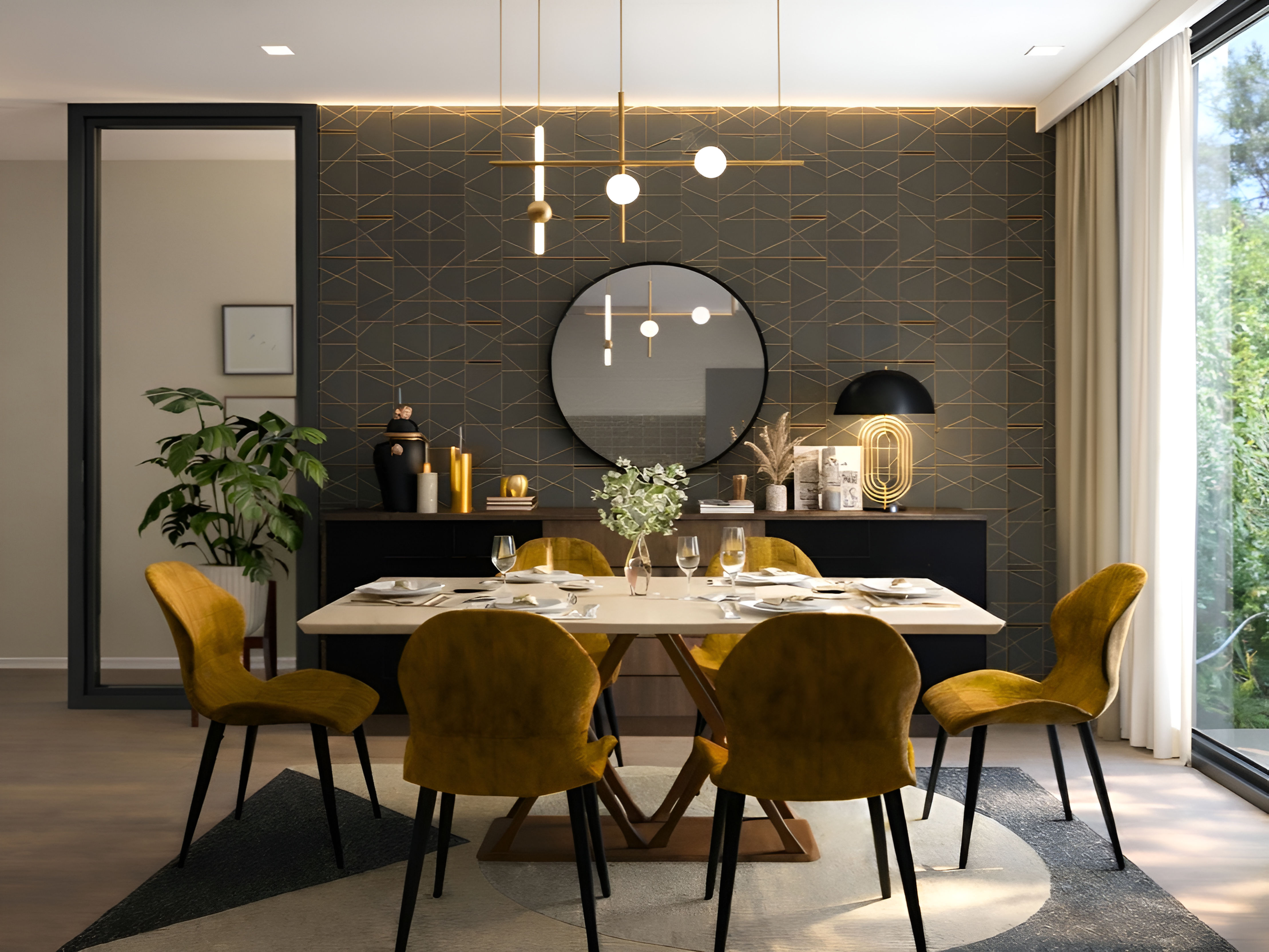 Luxurious dining room featuring mustard chairs, a geometric wall, and gold accents - Beautiful Homes