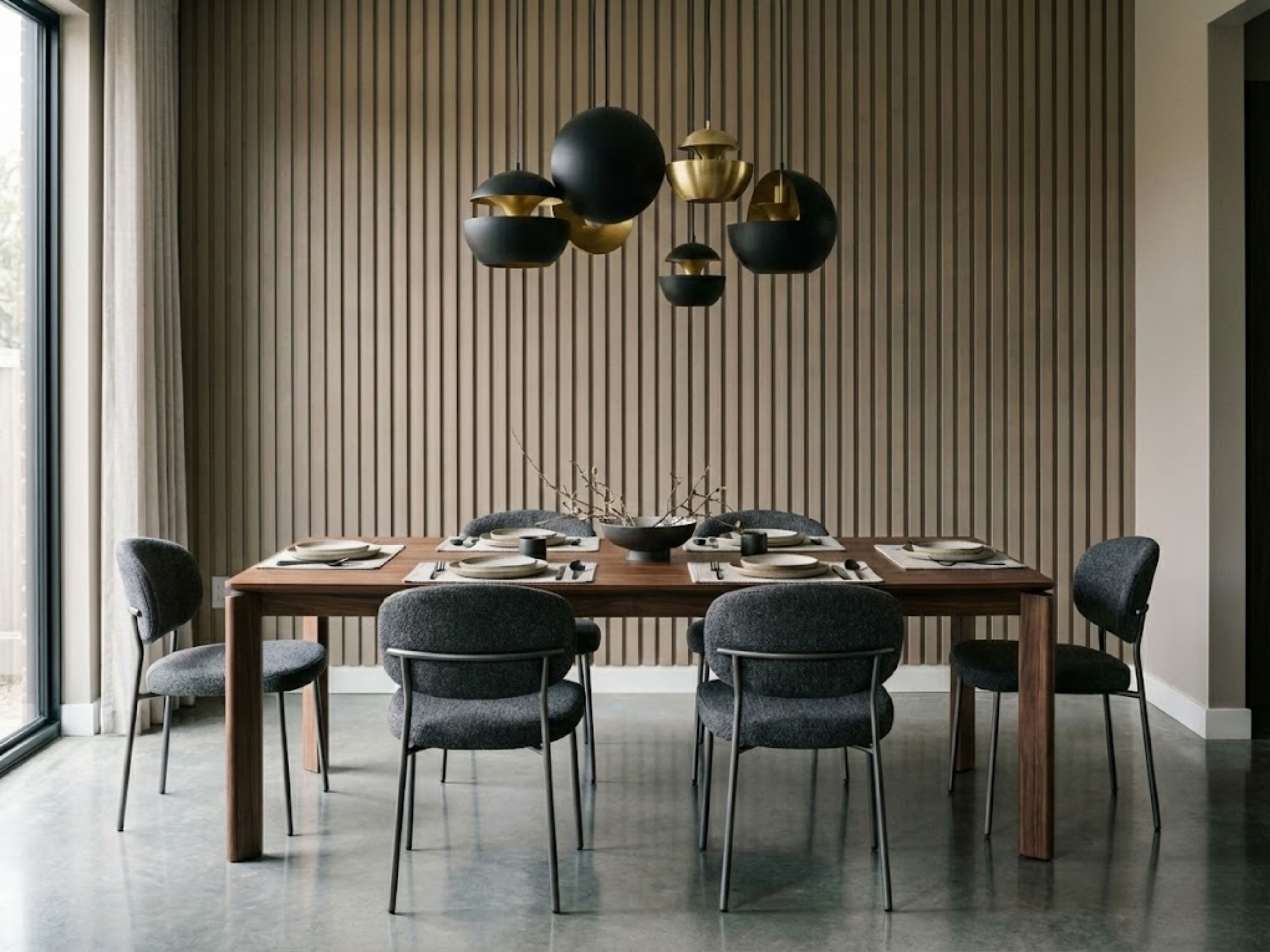 Modern dining room with wooden table and pendant lights - Beautiful Homes