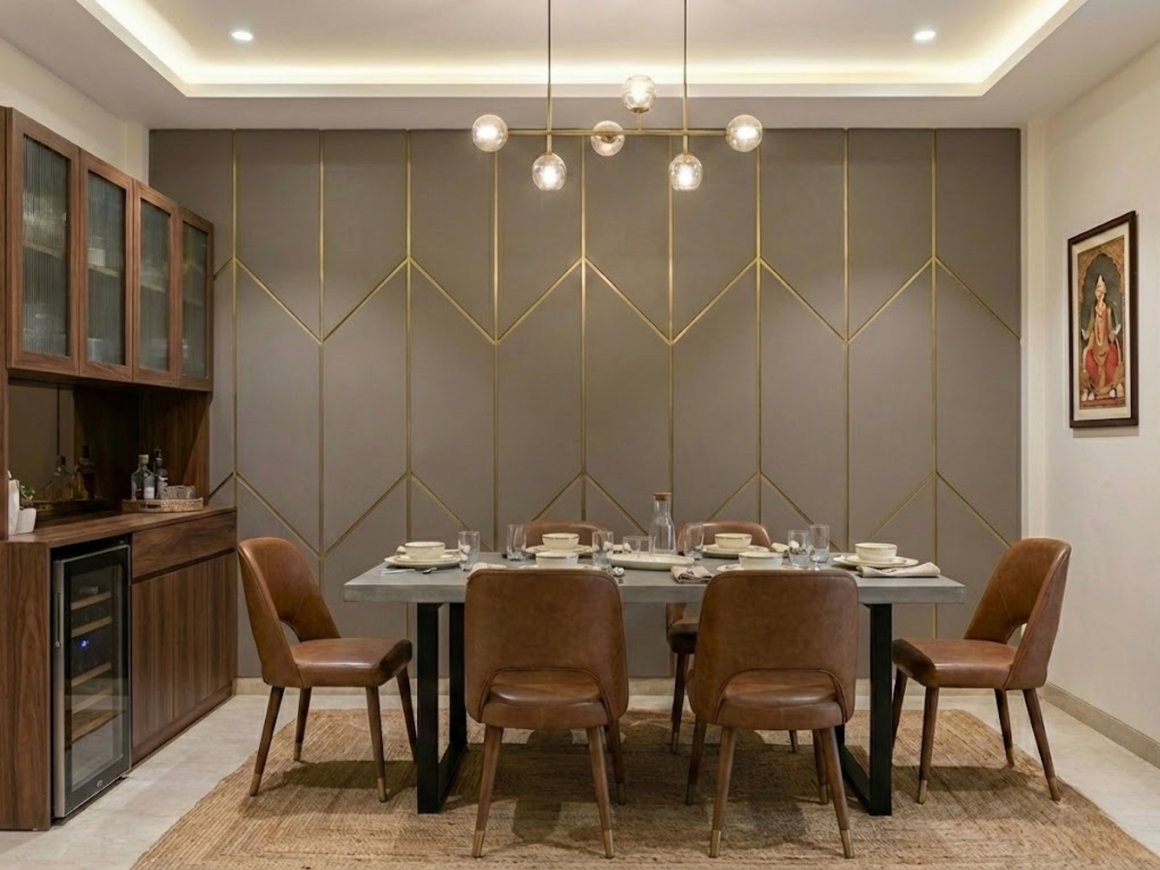 Dining room with wooden table, chairs, and lighting - Beautiful Homes