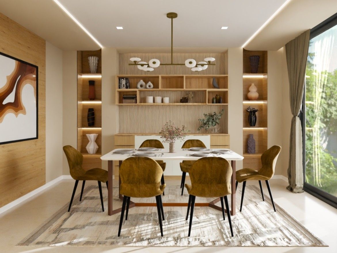 Contemporary dining room with mustard chairs, white table, and layered lighting - Beautiful Homes