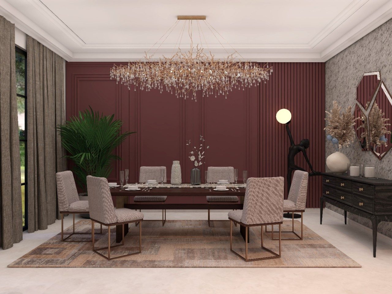 Modern contemporary dining room with maroon wall wainscoting and Nilaya Luxe furniture  - Beautiful Homes