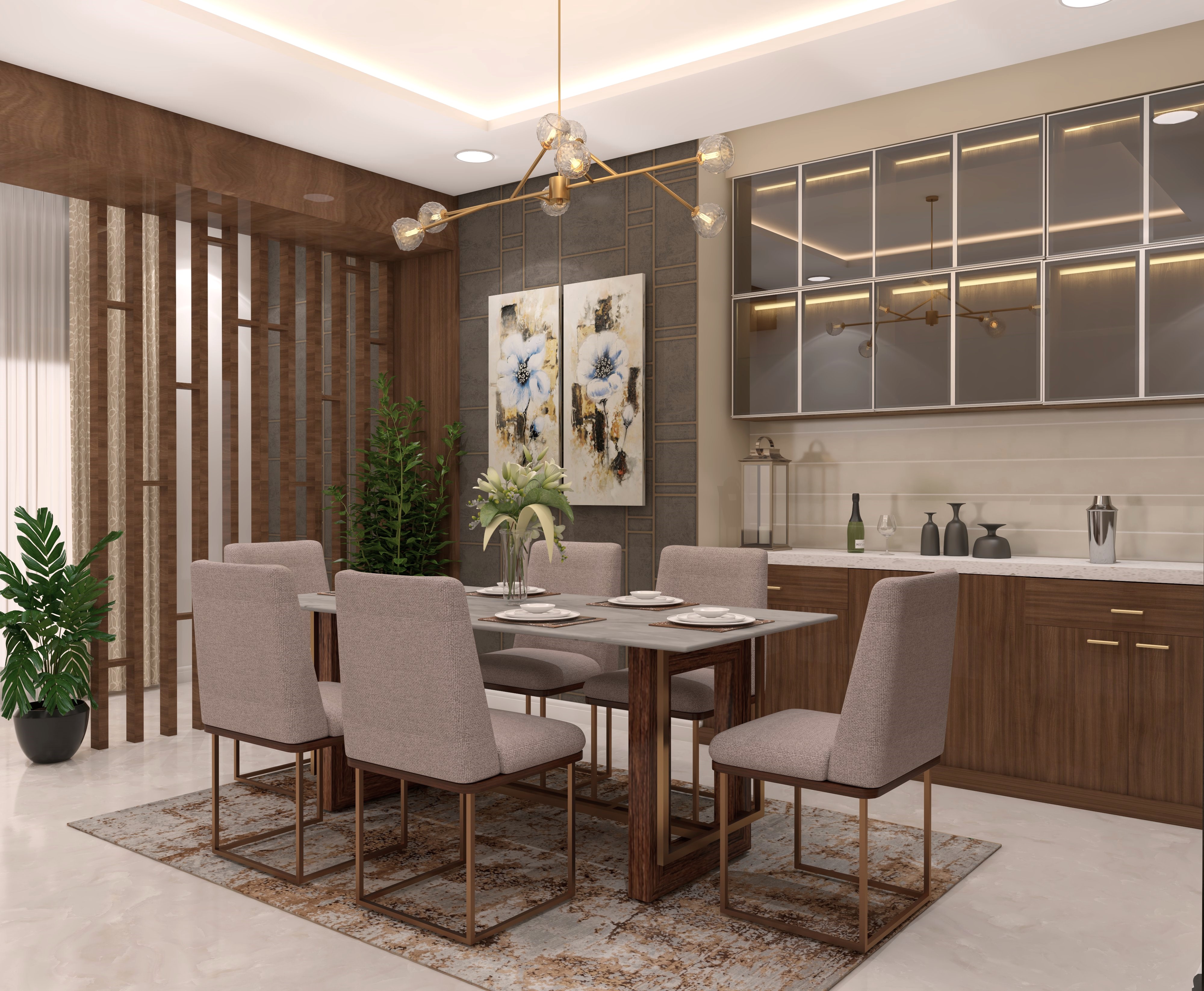 Modern contemporary dining room with Nilaya dining table and crockery unit - Beautiful Homes