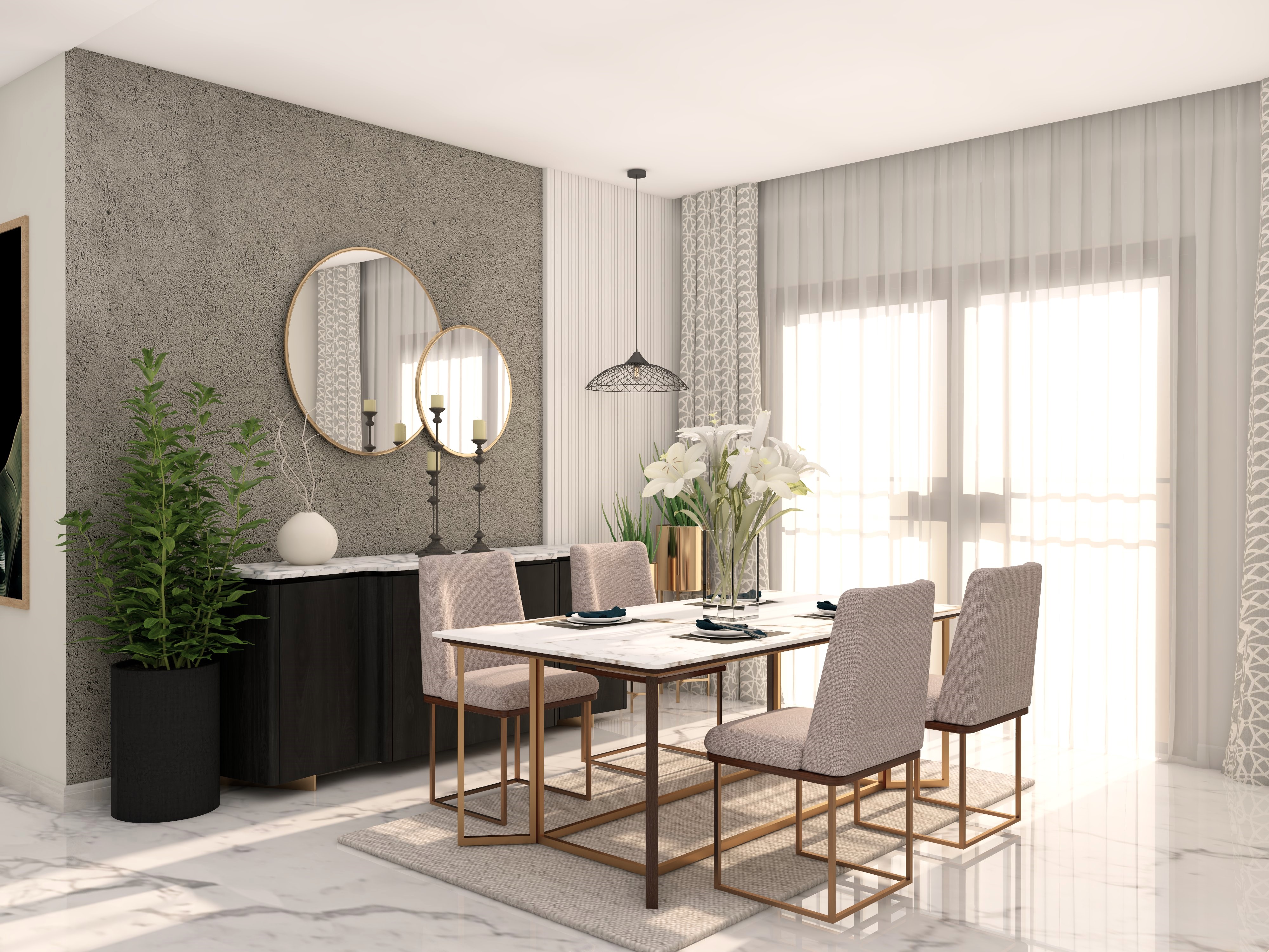 Modern contemporary dining room with Nilaya dining table set and Luxe console - Beautiful Homes