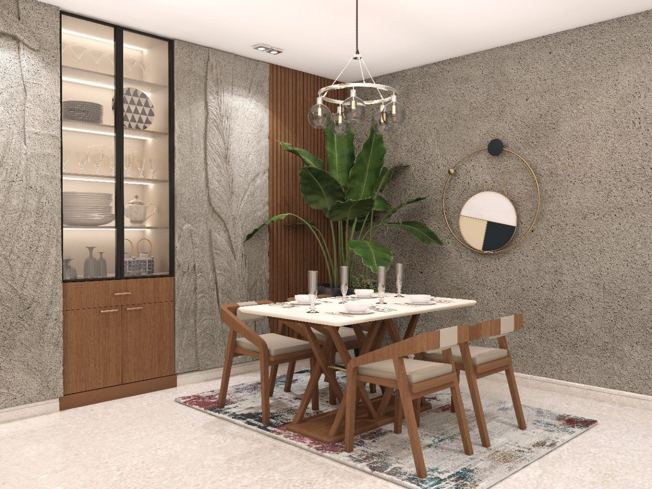 Modern contemporary dining with wooden dining table set and grey rough textured wall - Beautiful Homes