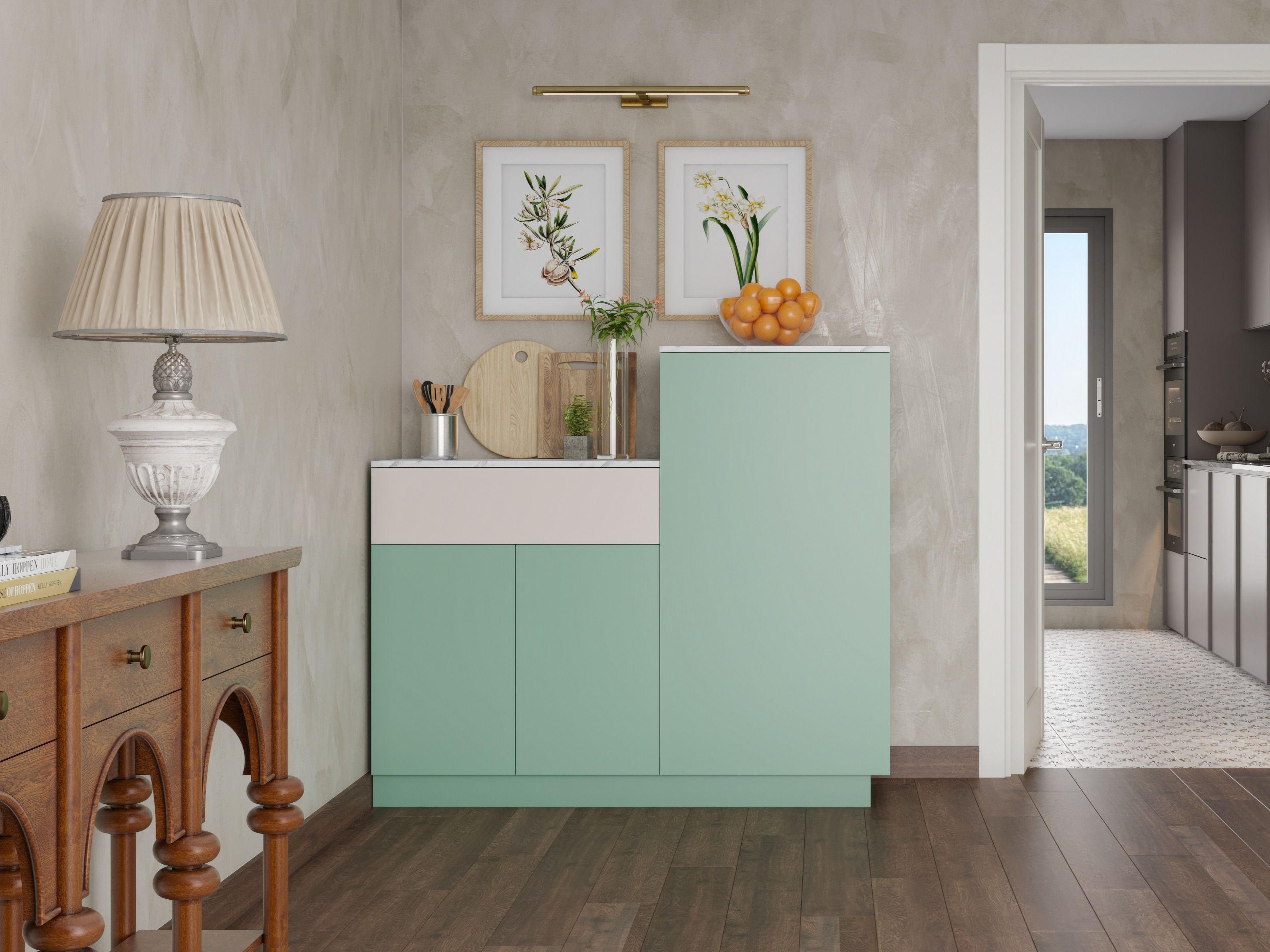 Modern crockery unit featuring sage green cabinets, marble countertop, and botanical accents - Beautiful Homes