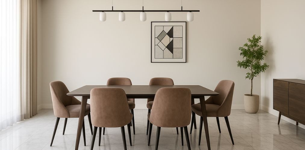 Modern dining room with neutral décor and wooden table - Beautiful Homes