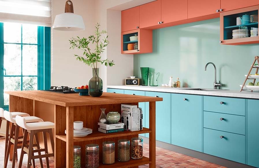 Colourful kitchen-dining room design with wooden dining table set - Beautiful Homes