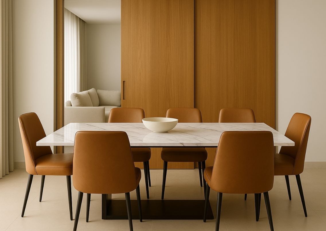 Dining room with marble table and tan chairs - Beautiful Homes
