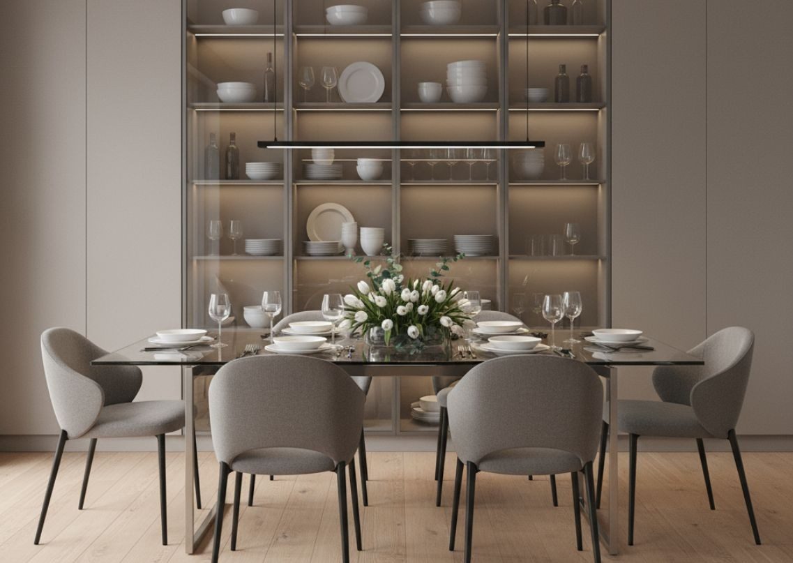 Dining room with glass table and grey chairs - Beautiful Homes