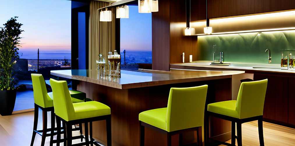 Modern dining room with bar stools in green upholstery and wooden dining table-Beautiful Homes