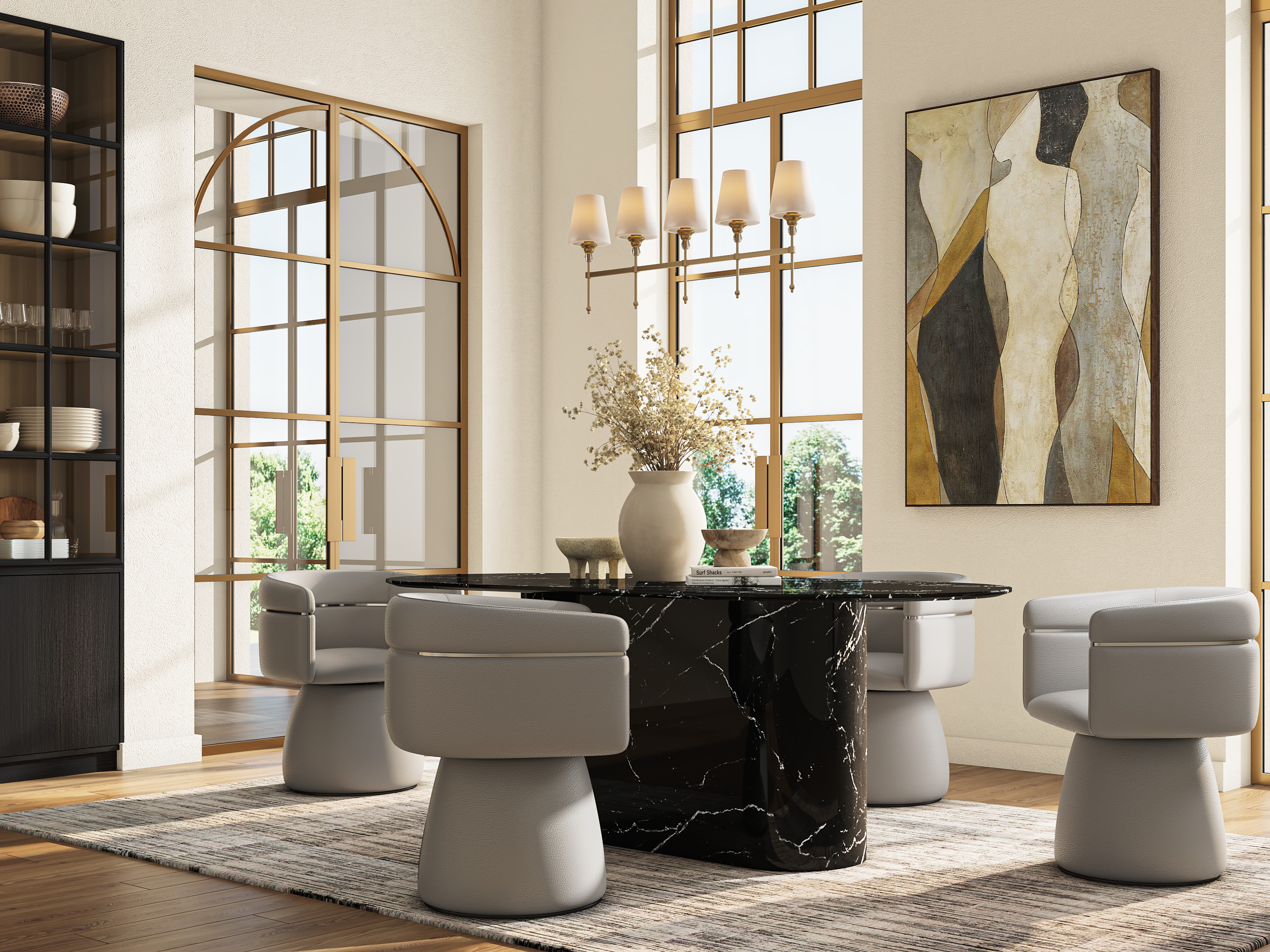 Modern dining room with marble table and grey designer chairs - Beautiful Homes