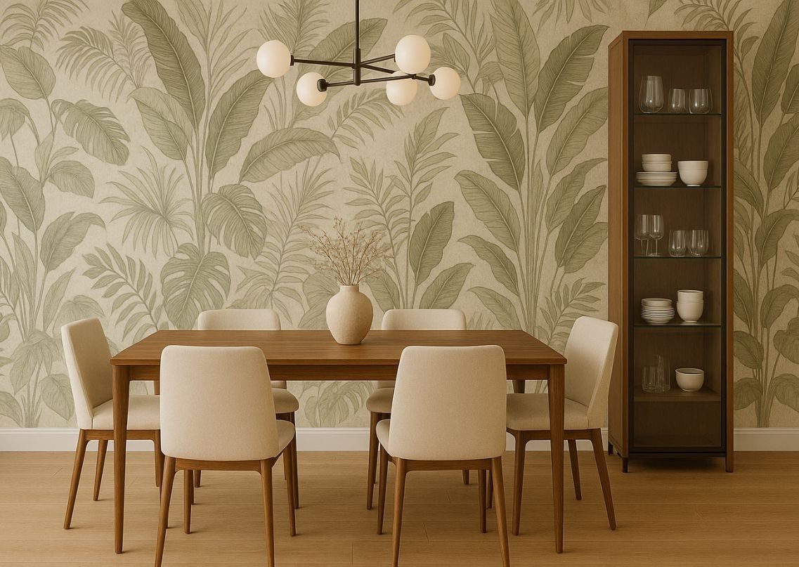 Dining area with wooden table and leaf wallpaper - Beautiful Homes