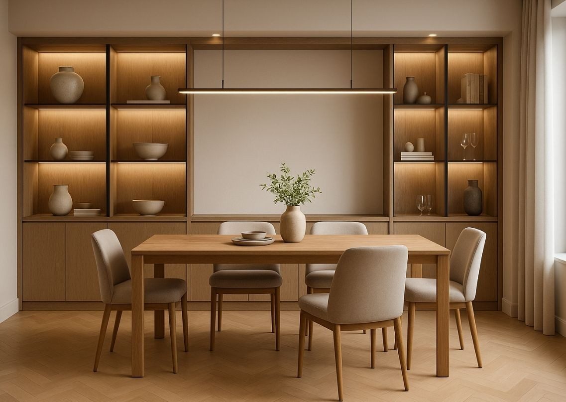 Dining room with wooden table and wine rack - Beautiful Homes