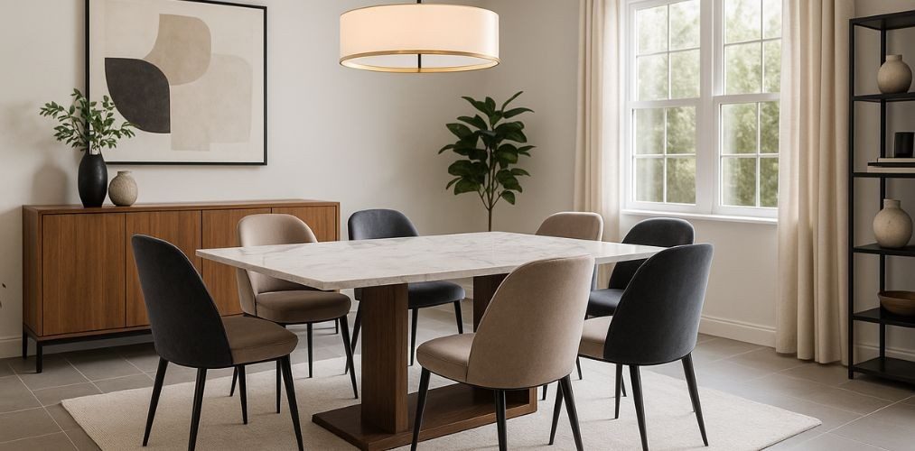 Dining room with marble table and neutral décor - Beautiful Homes