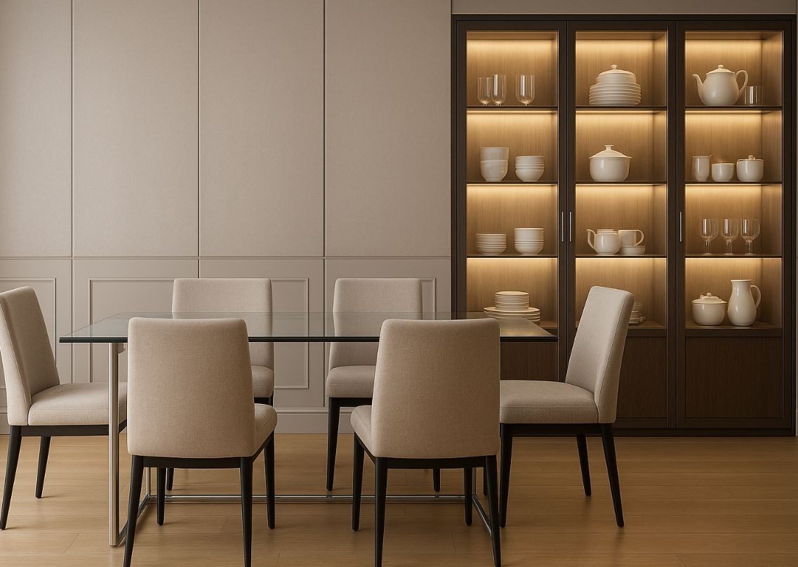 Modern dining room with glass table and beige chairs - Beautiful Homes