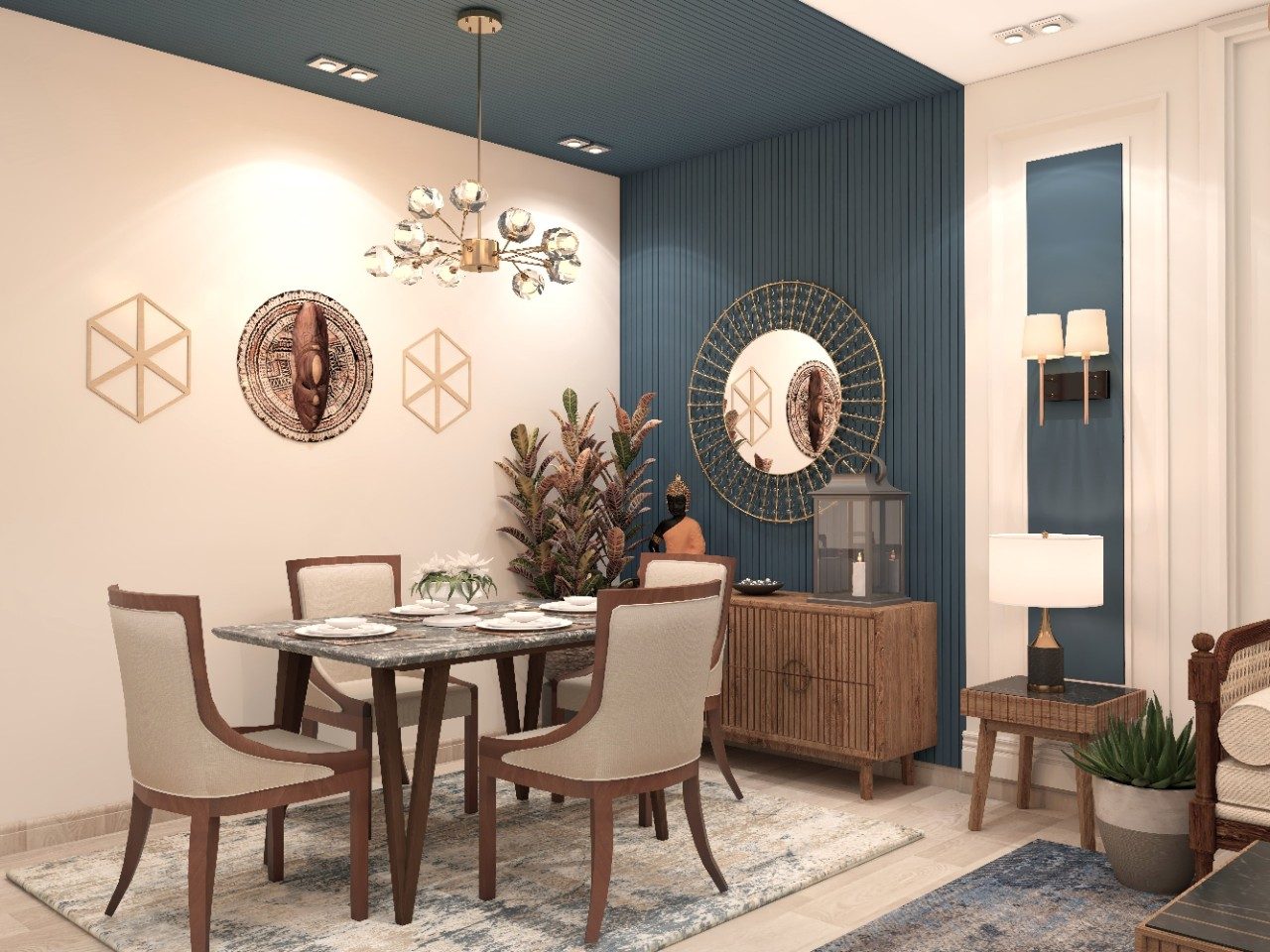 Modern dining room with grey wooden chairs with blue wall to ceiling paneling - Beautiful Homes