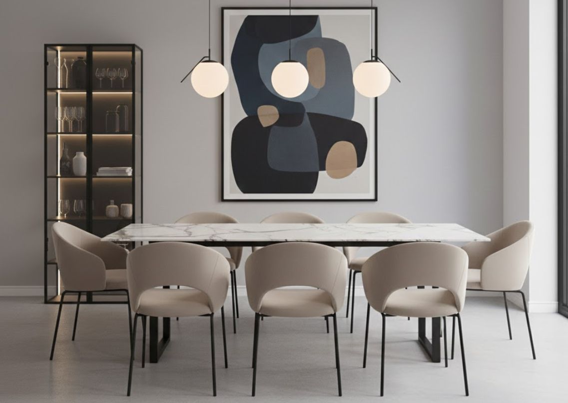 Dining room with marble table and modern décor - Beautiful Homes