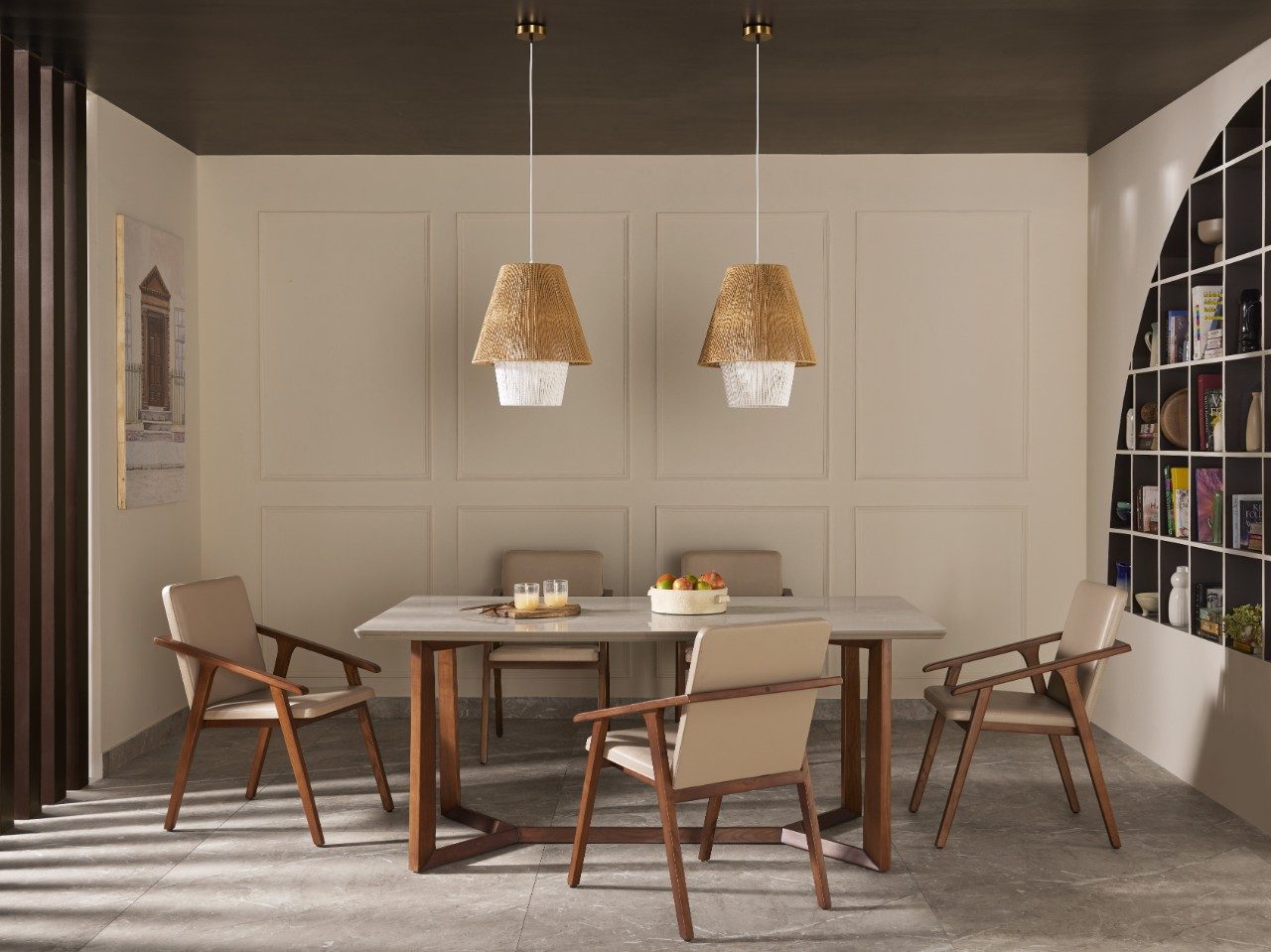 Dining room with marble table and wooden chairs - Beautiful Homes