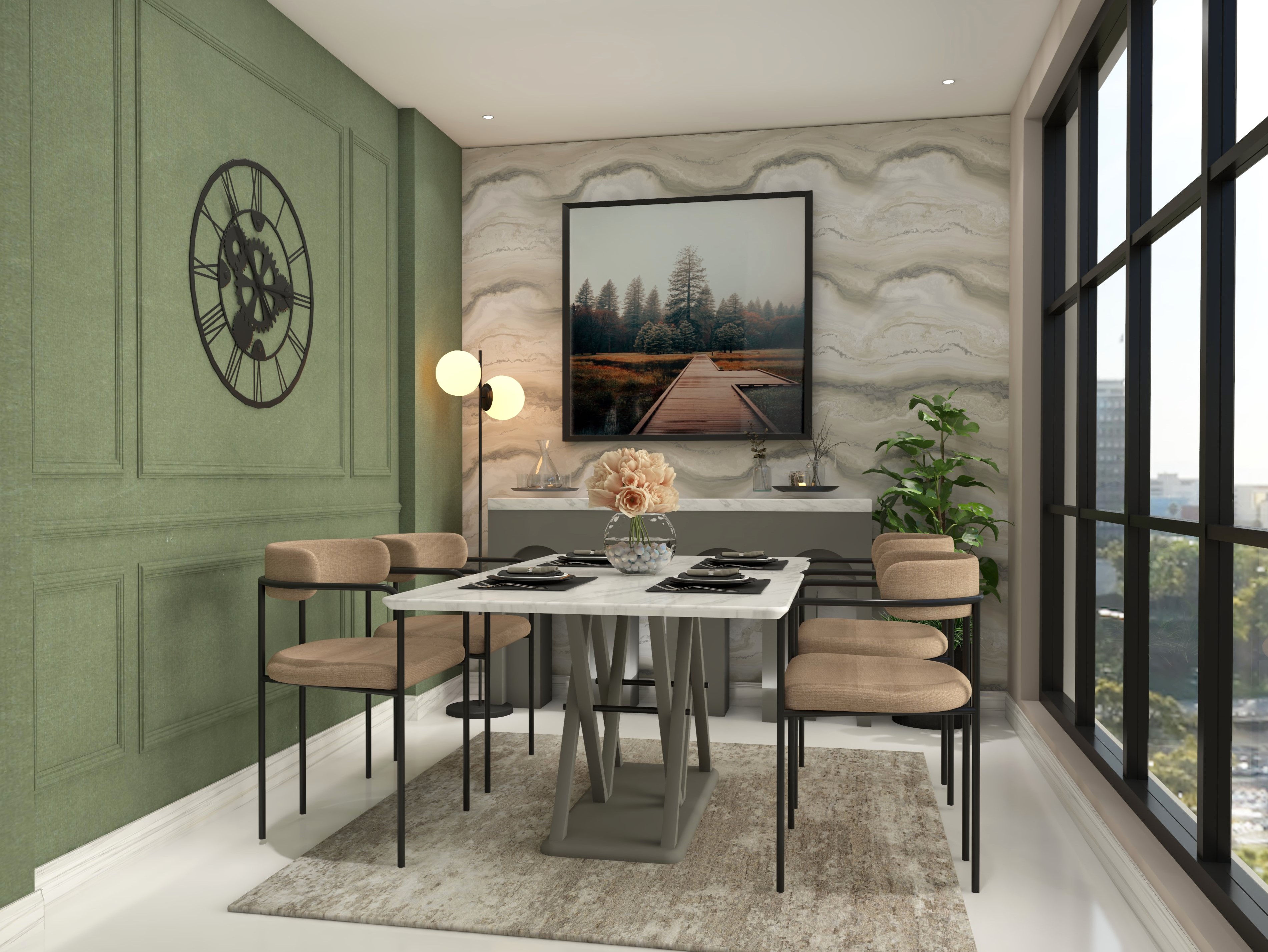 Modern dining room with marble dining table top and beige upholstered chairs - Beautiful Homes