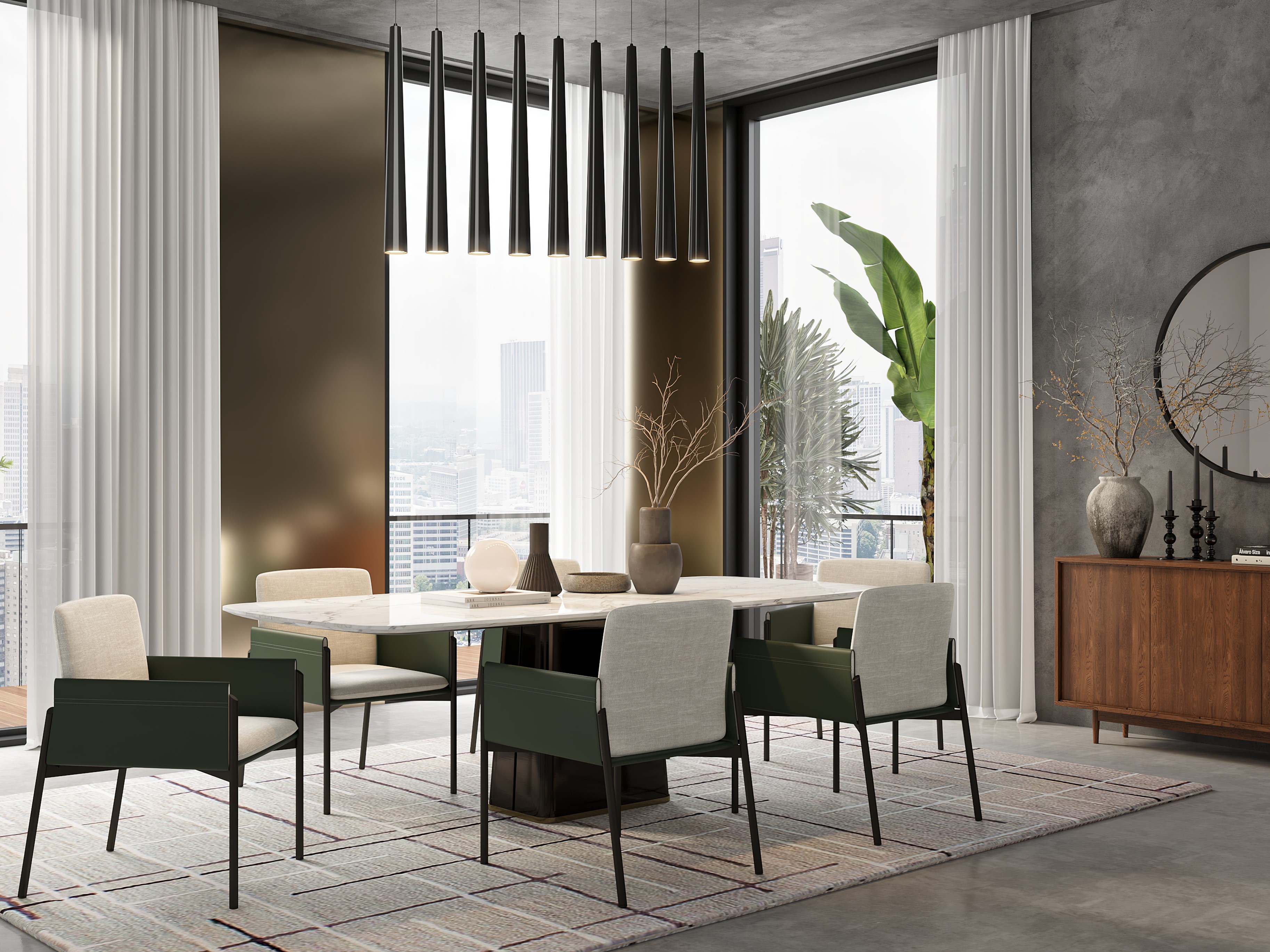 Dining room with marble table and hanging lights - Beautiful Homes