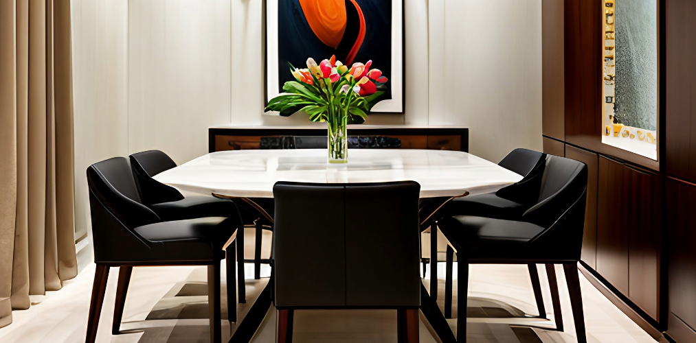 Modern dining room with marble dining table and black dining chairs-Beautiful Homes