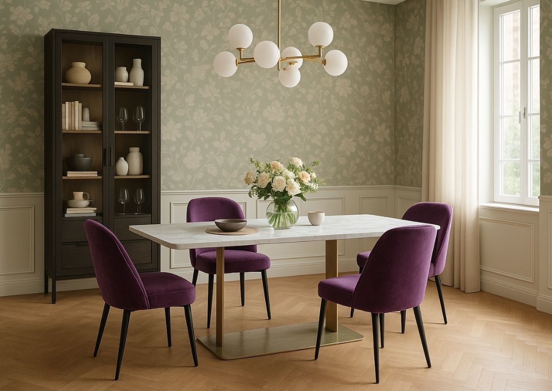 Stylish dining table with purple chairs and décor - Beautiful Homes