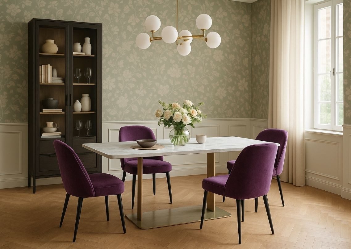Stylish dining table with purple chairs and décor - Beautiful Homes