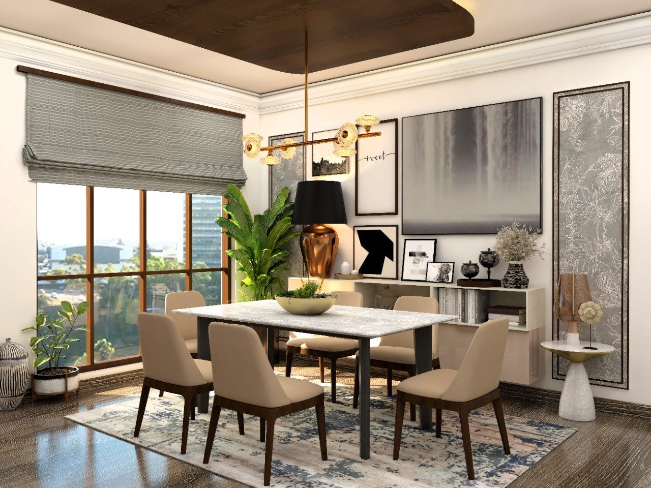 Modern dining room with marble top and beige upholstered chairs-Beautiful Homes