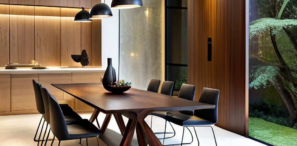Modern dining room with wooden table and black chairs-Beautiful Homes