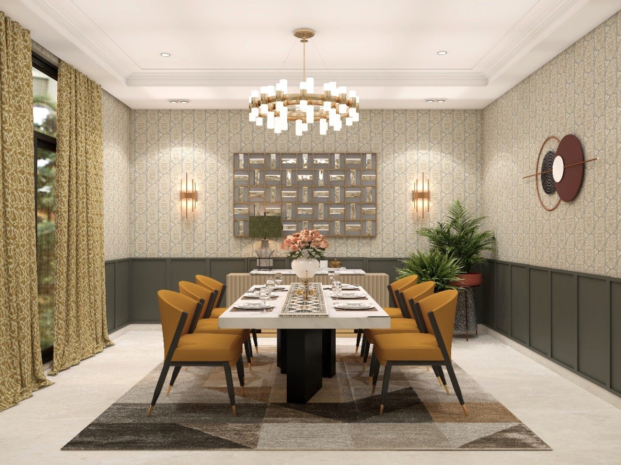 Modern dining room with mustard upholstered chairs and wallpaper - Beautiful Homes