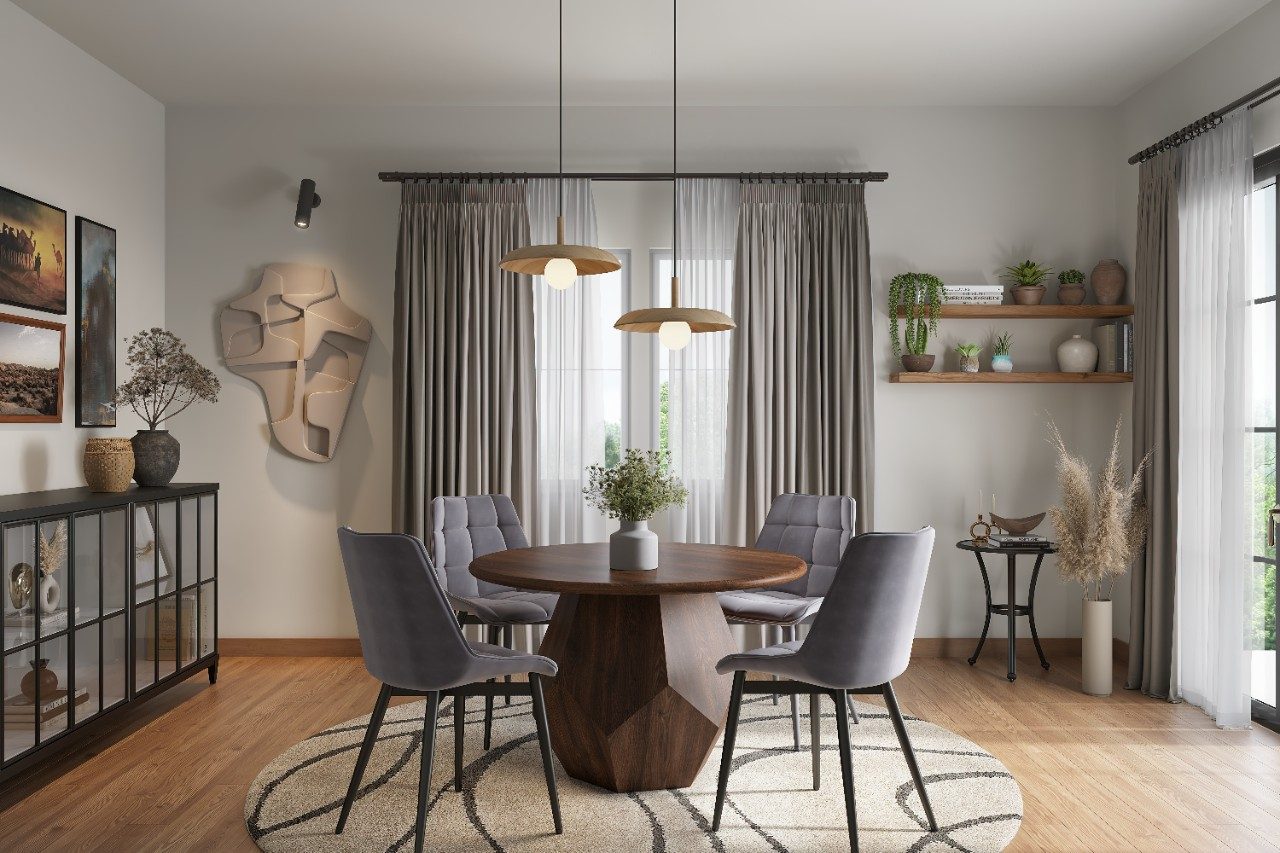 Dining room with wooden table and grey chairs - Beautiful Homes