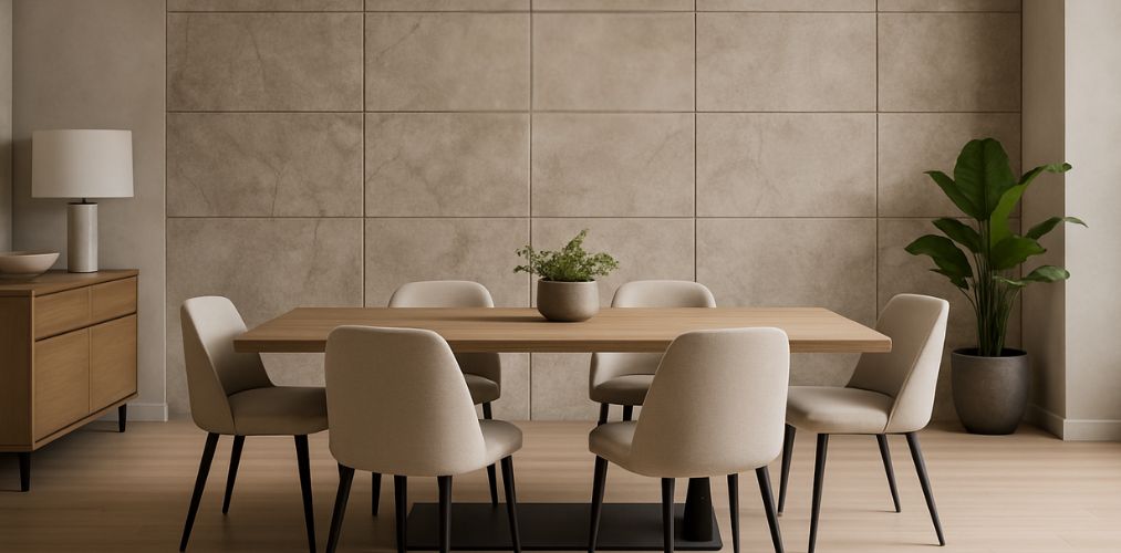 Dining room with wooden table and beige chairs - Beautiful Homes