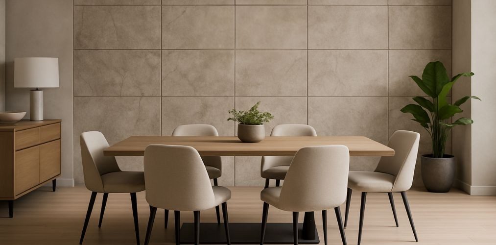 Dining room with wooden table and beige chairs - Beautiful Homes